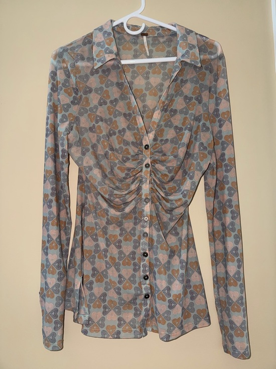 Free People Tops - Free People Button-Front Long Sleeve Top - Blue, Tan, Pink